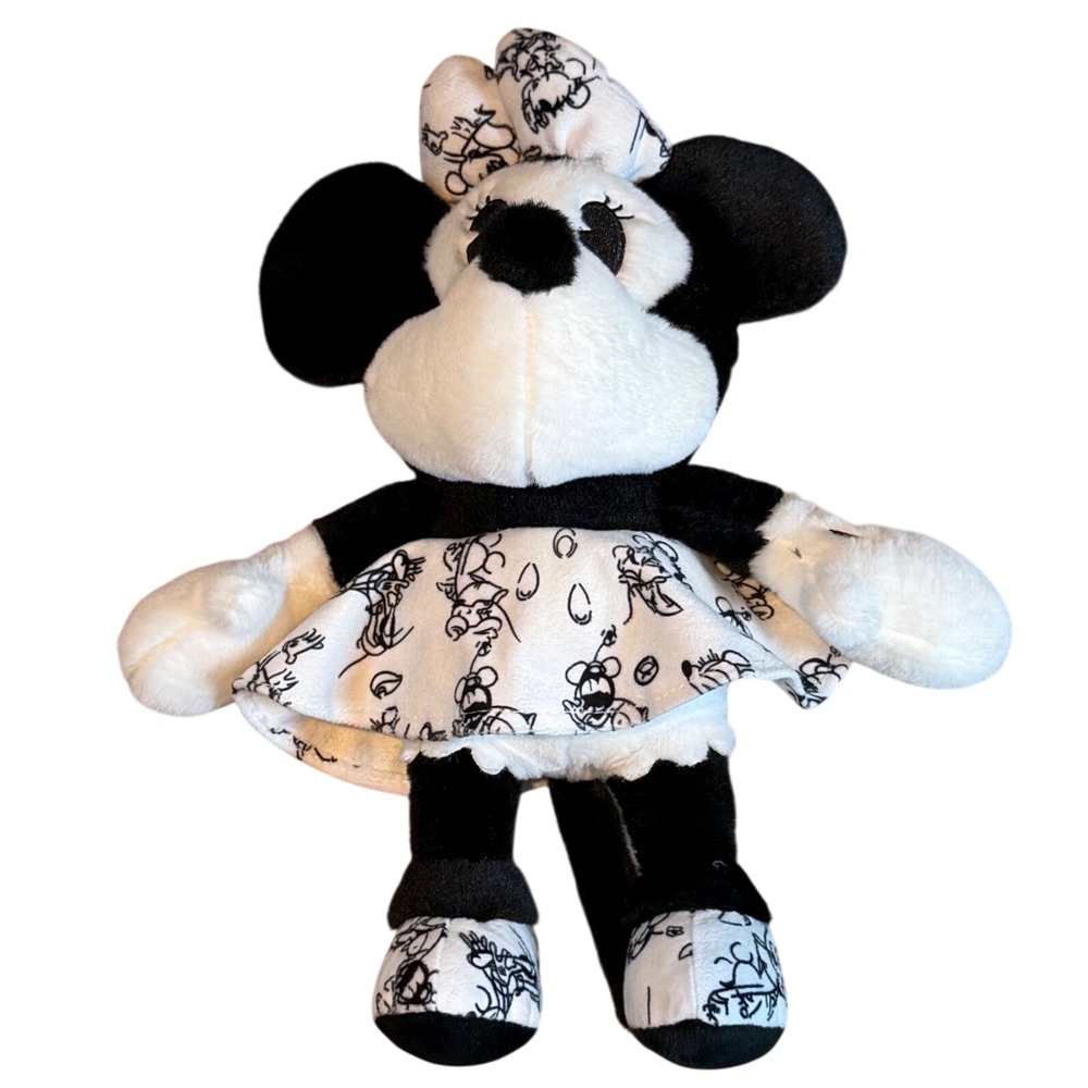 Disney Minnie Mouse Black White Sketch Print Plush Toy 12 Inch Doodle Dress‎ Bow